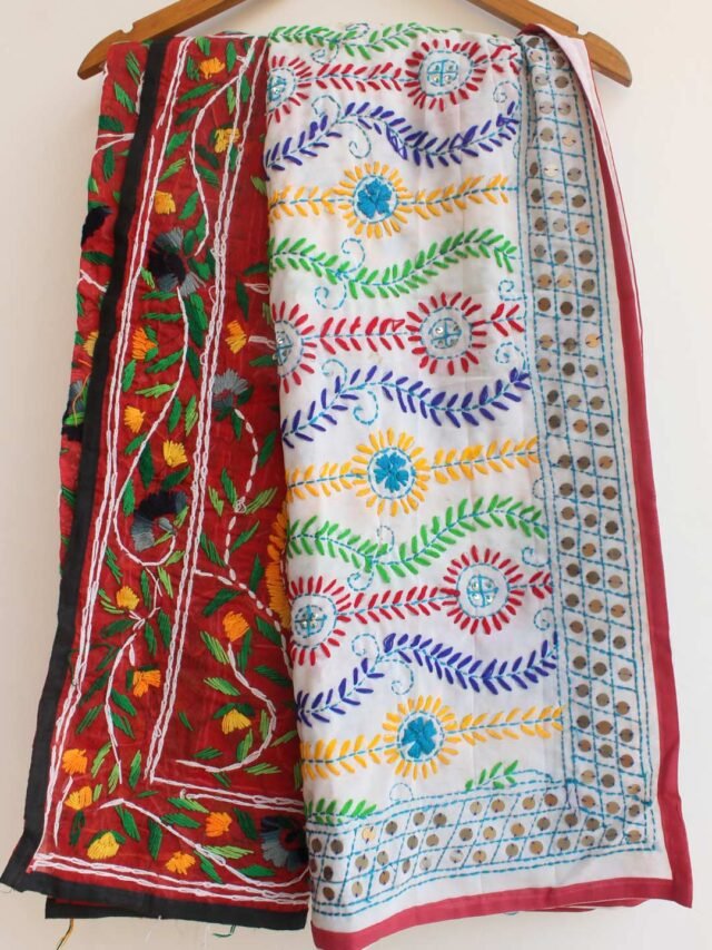 Red-chanderi-white-georgette-phulkari-dupatta