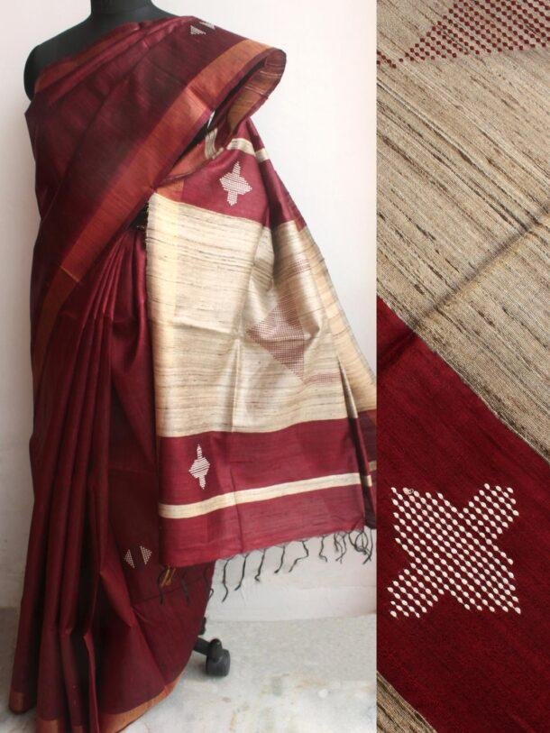 Wine-Red-and-Beige-Bhagalpuri-Dupion-Silk-Sari at Shilphaat.com