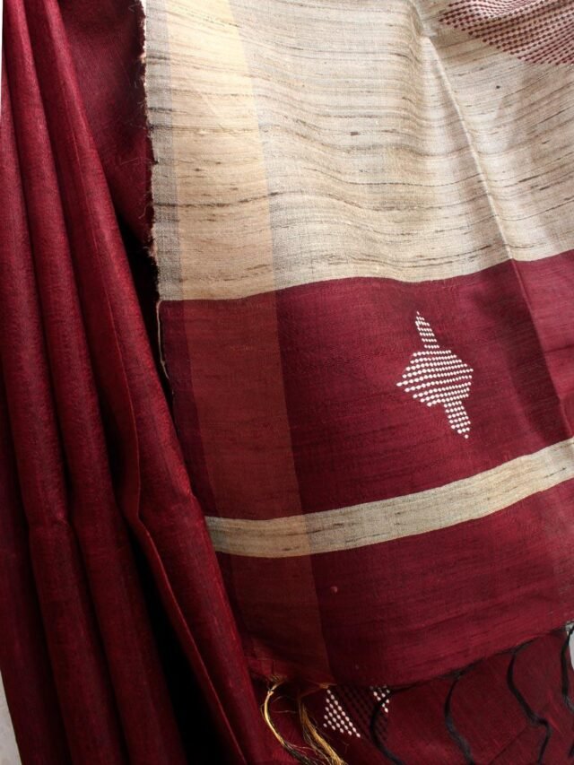 Wine-Red-and-Beige-Mulberry-Dupion-Silk-Sari-Shilphaat