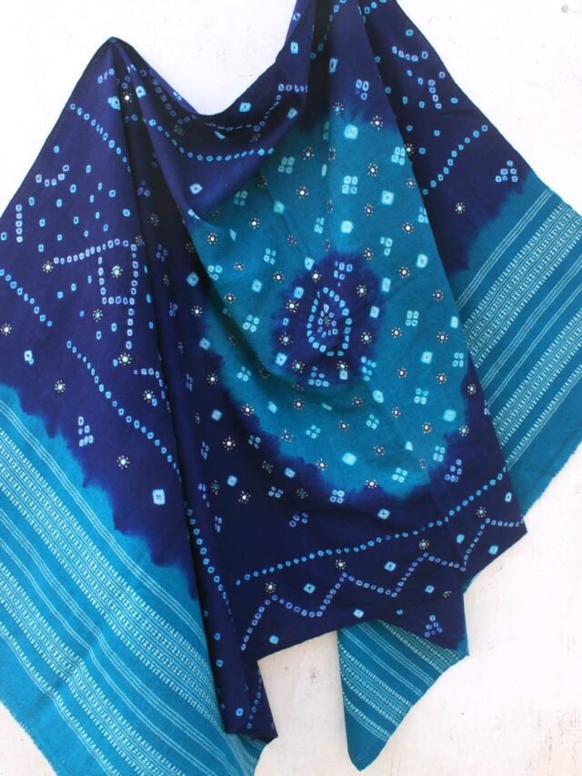 Blue-Bandhani-mirrorwork-woolen-Shawl