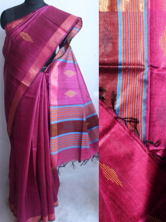 Magenta-and-Brown-Mulberry-Dupion-pure-Silk-Saree-Shilphaat