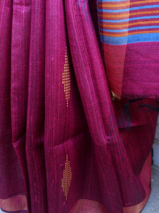 Magenta-and-Brown-Mulberry-Dupion-tasar-Silk-Sari