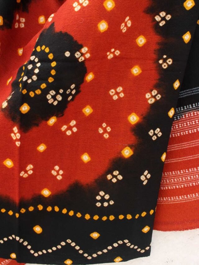 Orange-and-Black-Bhujodi-Bandhej-pure-wool-Shawl