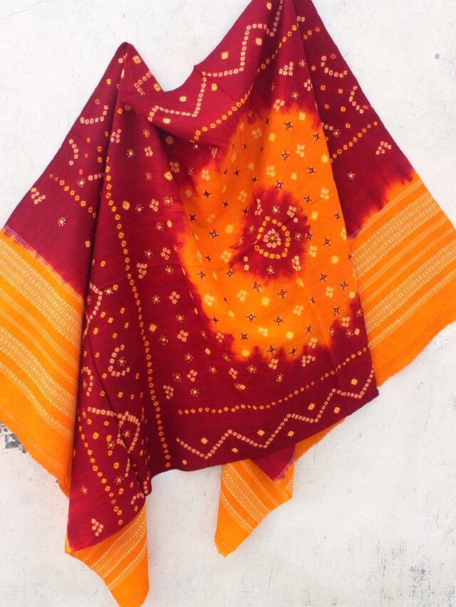 Red-and-Yellow-Bandhani-mirrorwork-woolen-Shawl