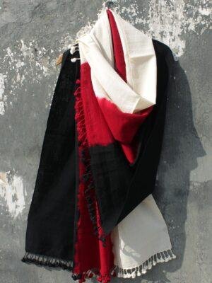 Red-black,-white-shaded-merino-wool-shibori-shawl at Shilphaat.com