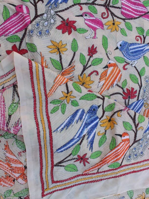 Birds-and-peacocks-kantha-embroidered-Tassar-Silk-dupatta