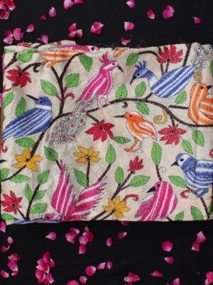 Birds-and-peacocks-kanthawork-tasar-Silk-dupatta at Shilphaat.com