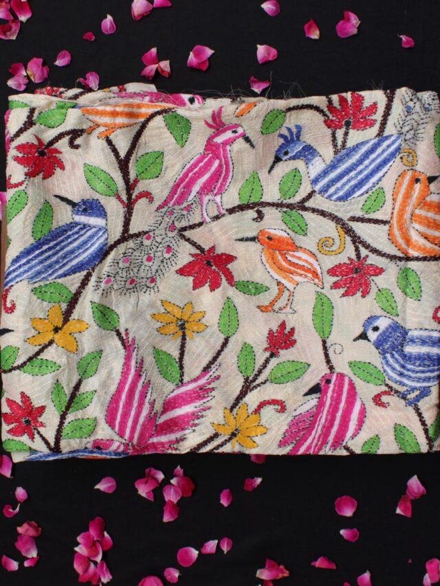 Birds-and-peacocks-kanthawork-tasar-Silk-dupatta at Shilphaat.com