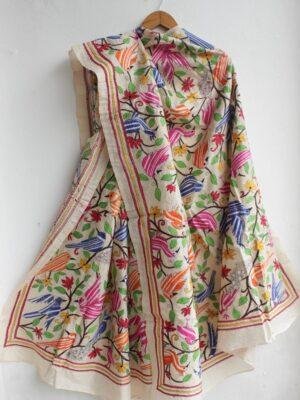 Birds-and-peacocks-nakshi-Kantha-Silk-dupatta at Shilphaat.com