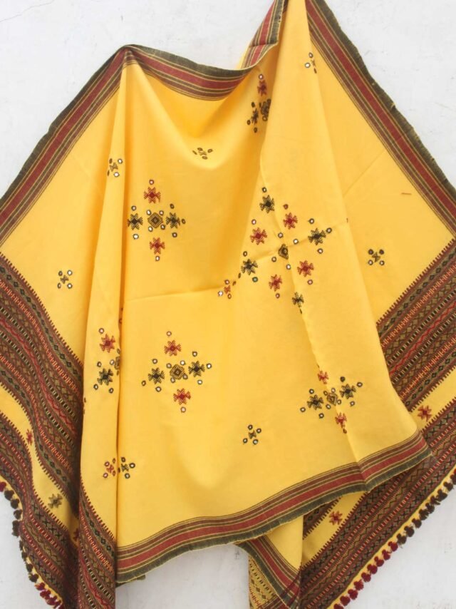 Lemon-yellow-Bhujodi-mirrorwork-Shawl