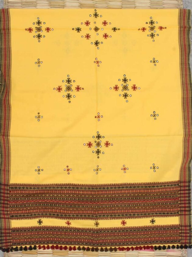Lemon-yellow-Bhujodi-mirrorwork-handwoven-Shawl