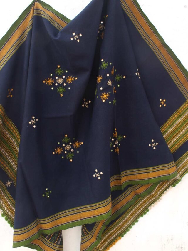 Navy-Blue-and-Brown-Bhujodi-mirrorwork-Shawl