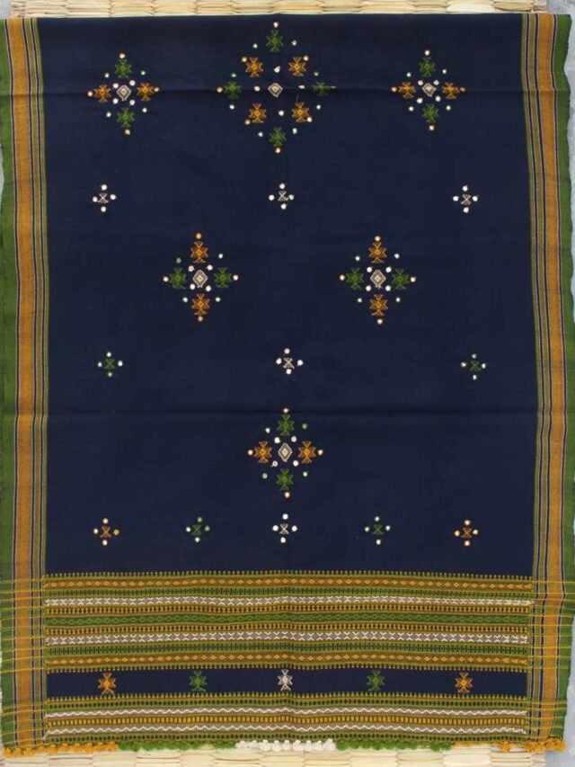 Navy-Blue-and-Brown-Bhujodi-mirrorwork-handwoven-Shawl