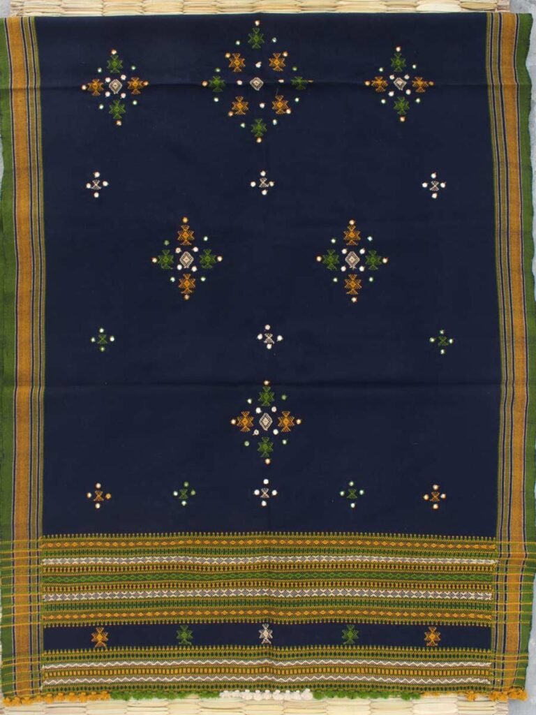 Navy-Blue-and-Brown-Bhujodi-mirrorwork-handwoven-Shawl