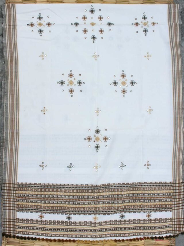 White-and-Brown-Bhujodi-mirrorwork-handwoven-Shawl