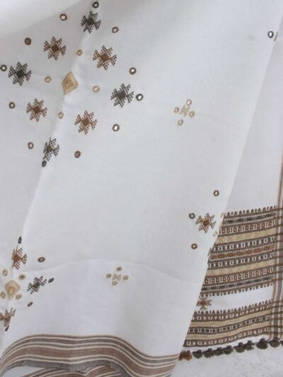 White-and-Brown-mirrorwork-woolen-Shawl