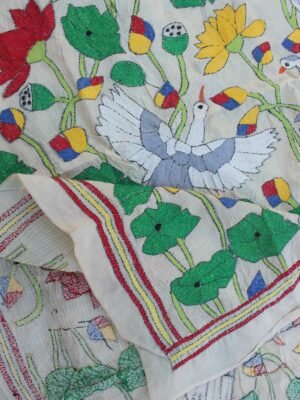 swan-kantha-embroidered-Tassar-Silk-dupatta