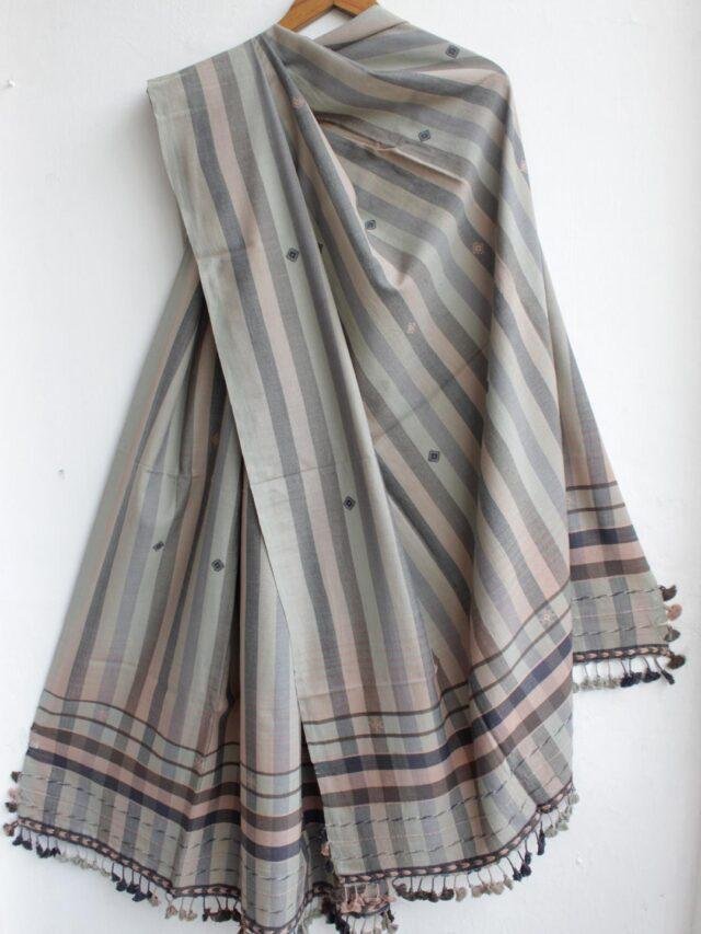 Grey-Black-and-brown--stripes-bhujodi-cotton-dupatta-Shilphaat