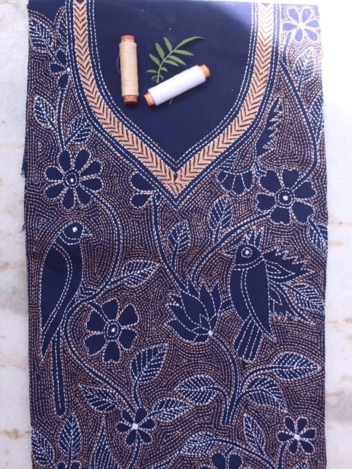 Beige-and-Blue-kanthawork-cotton-kurta-fabric
