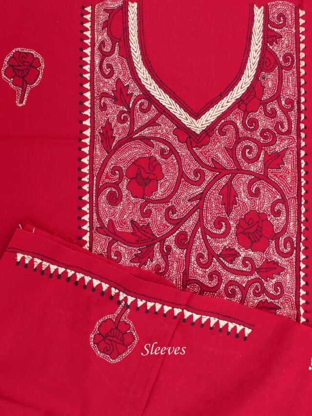 Beige-and-Red-kantha-embroiderd-cotton-kurta-fabric