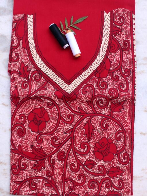 Beige-and-Red-kanthawork-cotton-kurta-fabric