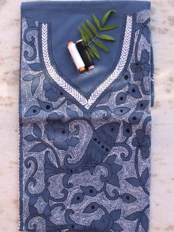 Blue-Gray-and-white--kanthawork-cotton-kurta-fabric by Shilphaat.com