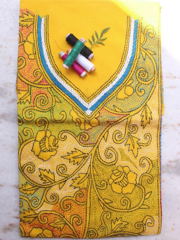 Bright-Yellow-kanthawork-cotton-kurta-fabric by Shilphaat