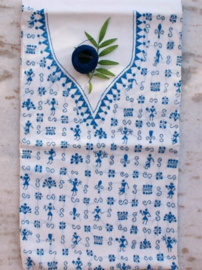Dark-Blue-and-white--kanthawork-cotton-kurta-fabric