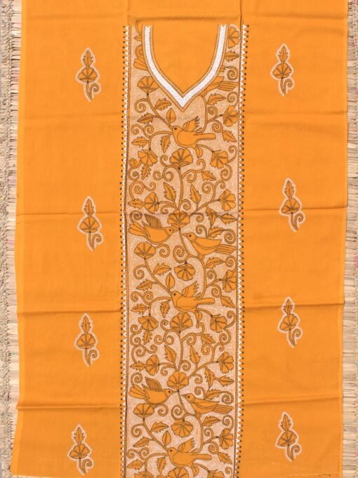 Honey-yellow-and-white-reverse-kantha-cotton-kurta-fabric