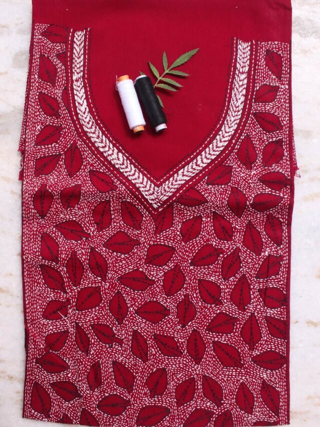 Maroon-Red-and-white-kanthawork-cotton-kurta-fabric