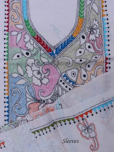 Multicolour-kantha-white-embroiderd-cotton-kurta-fabric