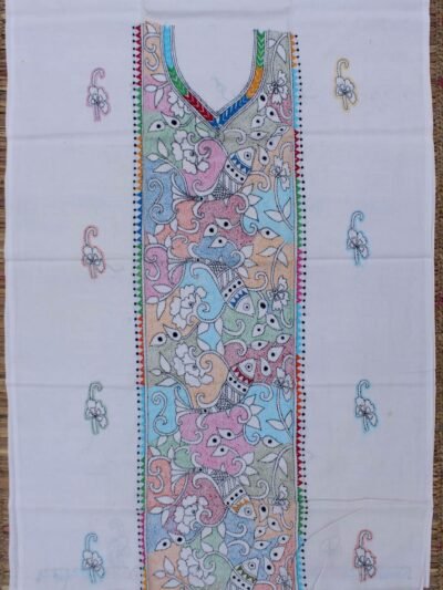 Multicolour-reverse-kantha-white-cotton-kurta-fabric