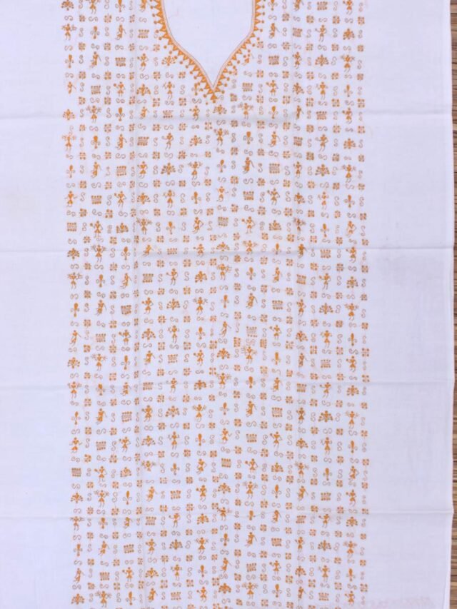 Orange-Yellow--and-white-reverse-kantha-cotton-kurta-fabric