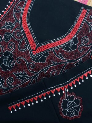 Orange-red-kantha-embroiderd-black-cotton-kurta-fabric