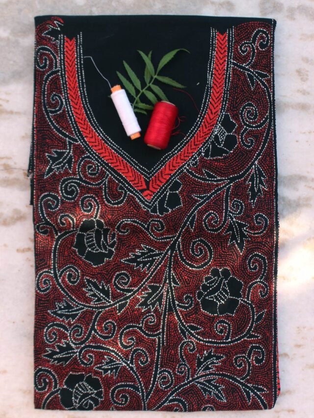 Orange-red-kanthawork-black-cotton-kurta-fabric
