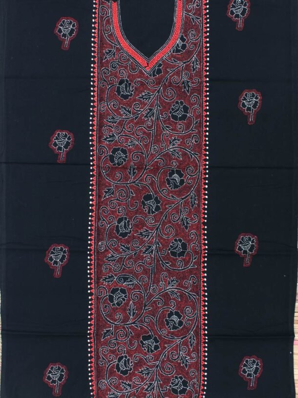 Orange-red-reverse-kantha-black-cotton-kurta-fabric