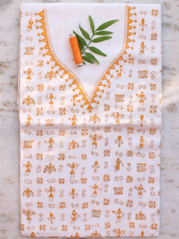 Orange-yellow-and-white--kanthawork-cotton-kurta-fabric by Shilphaat