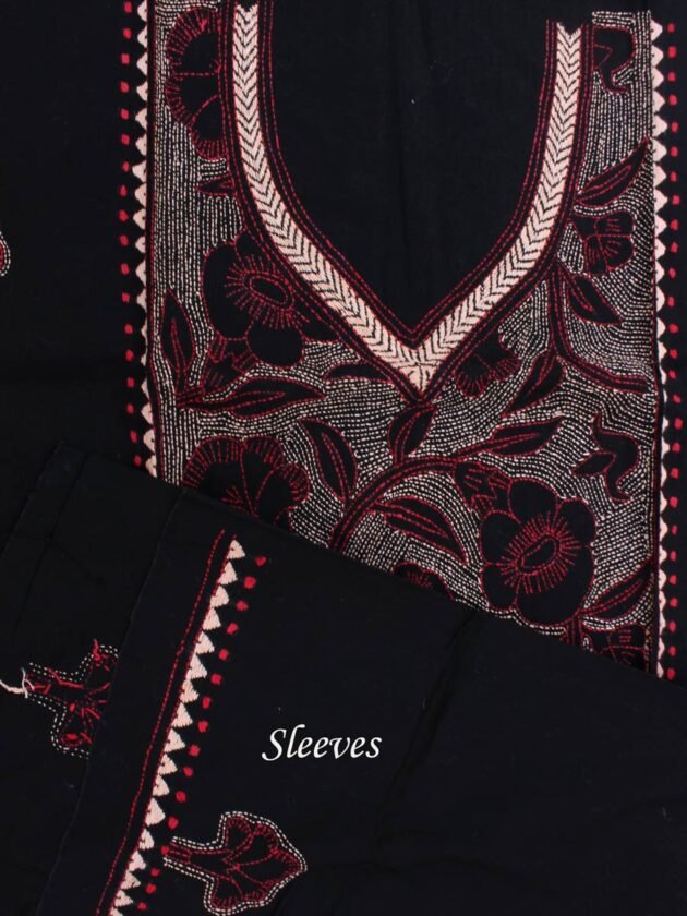 Red-and-beige-kantha-embroiderd-black-cotton-kurta-fabric