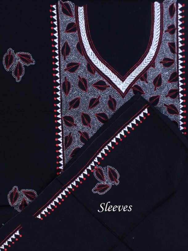 Red-white-kantha-embroiderd-black-cotton-kurta-fabric
