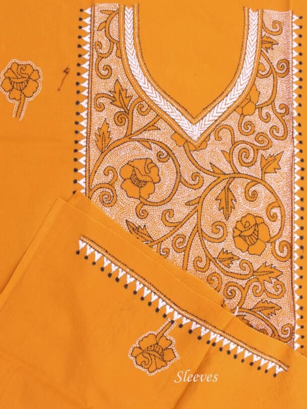 Rust-orange-and-white-kantha-embroiderd-cotton-kurta-fabric