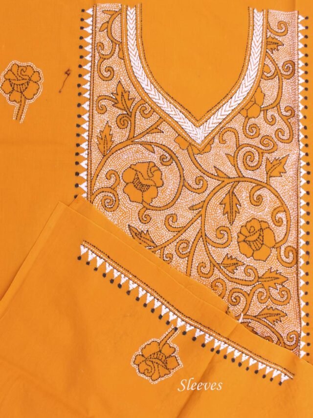 Rust-orange-and-white-kantha-embroiderd-cotton-kurta-fabric