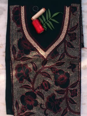 red-and-beige-kanthawork-black-cotton-kurta-fabric
