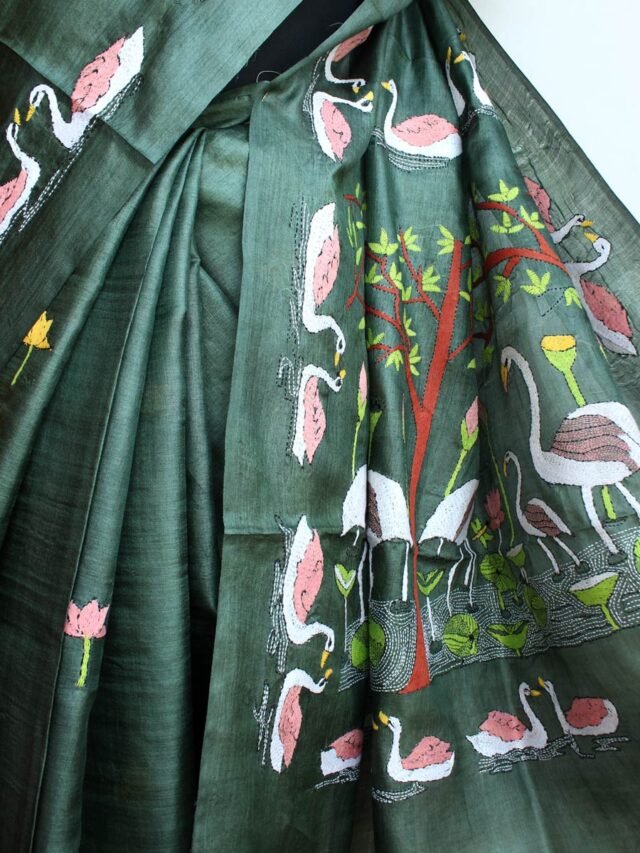 Army-green-Paper-tussar-silk-Kanthawork-Saree