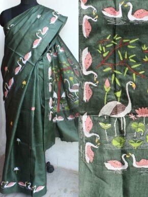 Army-green-Pure-silk-nakshi-kantha-Saree