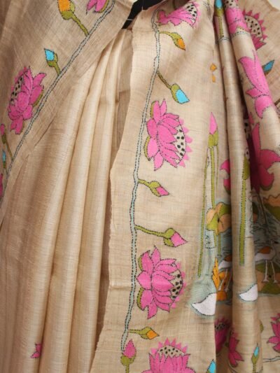 Beige-and-Pink-Paper-tussar-silk-Kanthawork-Saree