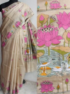 Beige-and-Pink-Pure-silk-nakshi-kantha-Saree
