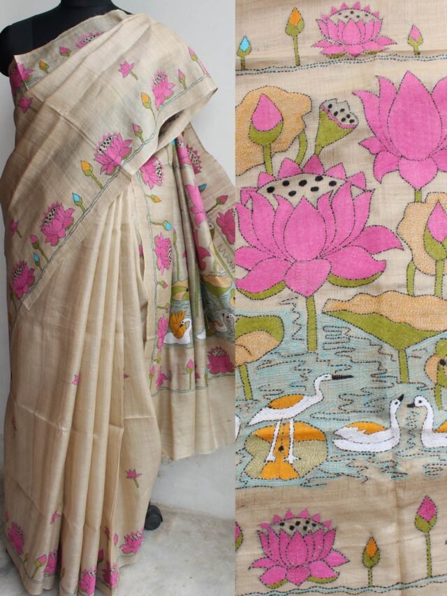 Beige-and-Pink-Pure-silk-nakshi-kantha-Saree