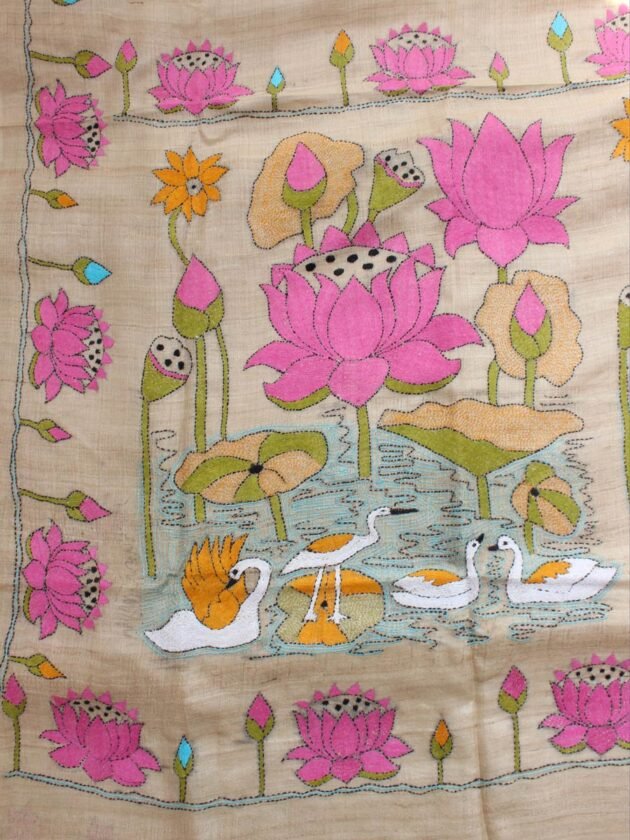Beige-and-Pink-Pure-tasar-silk-Kanthawork-Saree