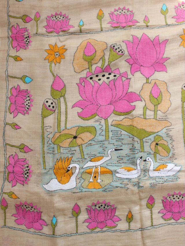 Beige-and-Pink-Pure-tasar-silk-Kanthawork-Saree