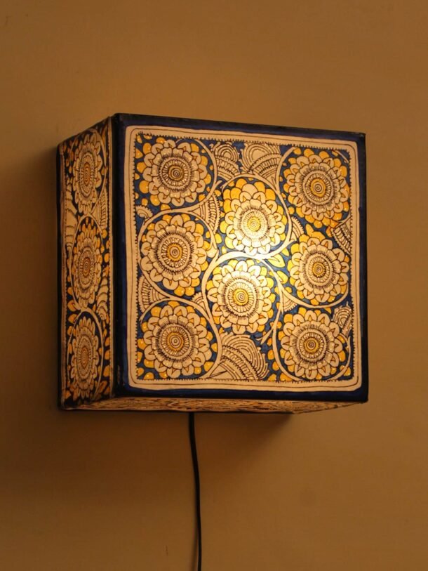 Blue-yellow-white--floral-Tholu-bommalata-square-wall-lamp